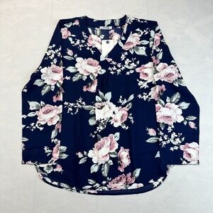 Youtalia Shirt Top Womens Medium Blue Pink Floral Long Sleeve V-Neck Pullover